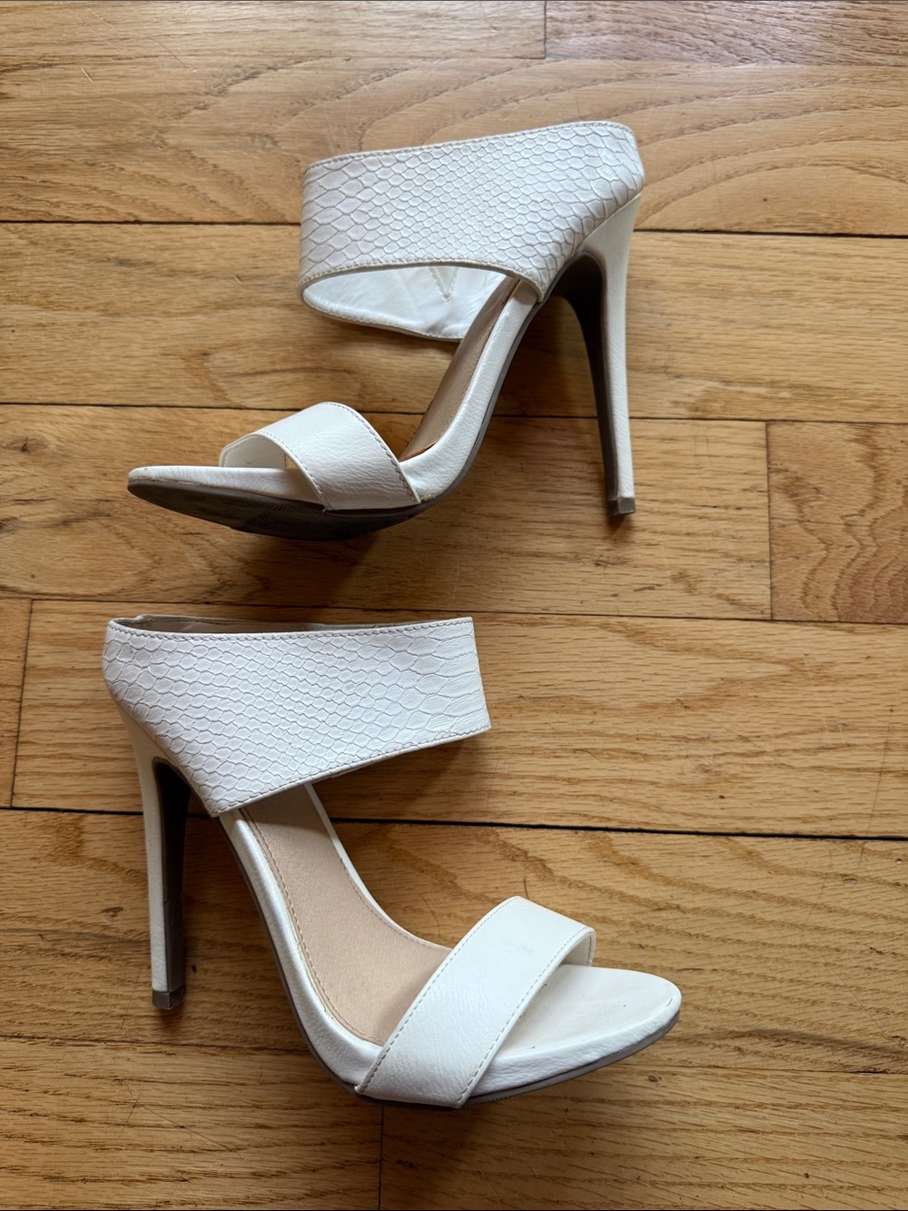 Moschino White Textured Strap High Heel Mules